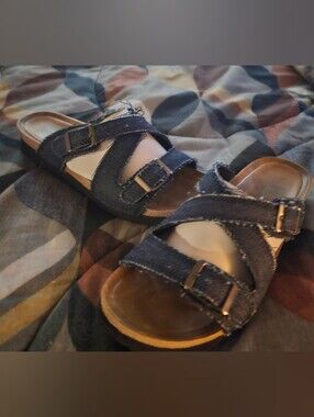 Womens  Denim Strap Sandals with Buckles - Blue